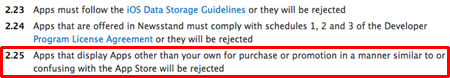 那些和App Store易混淆、或者用相似手段来推广或促销除自家产品以外应用的App，将会被App Store拒绝。